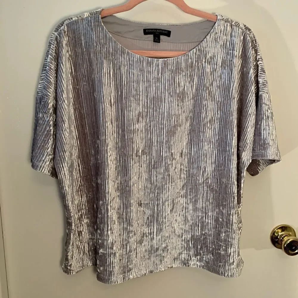 Banana Republic EUC silver pleated short sleeve velvet top Size medium